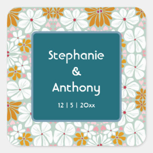 Wedding Retro Blume Groovy 70er Boho Quadratischer Aufkleber