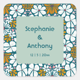 Wedding Retro Blume Groovy 70er Boho Quadratischer Aufkleber