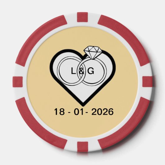 Wedding rings in a heart with date and Initials Pokerchips (Vorderseite)