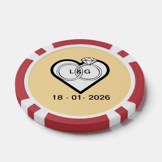 Wedding rings in a heart with date and Initials Pokerchips (Einzeln)
