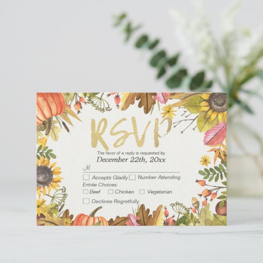 Wedding RSVP Antwort Autumn Maple Fall Leaf Pumpki (Stehend Vorderseite)
