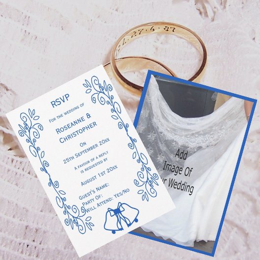Wedding RSVP Card Blue Sapphire Bells Scrollwork  Karte