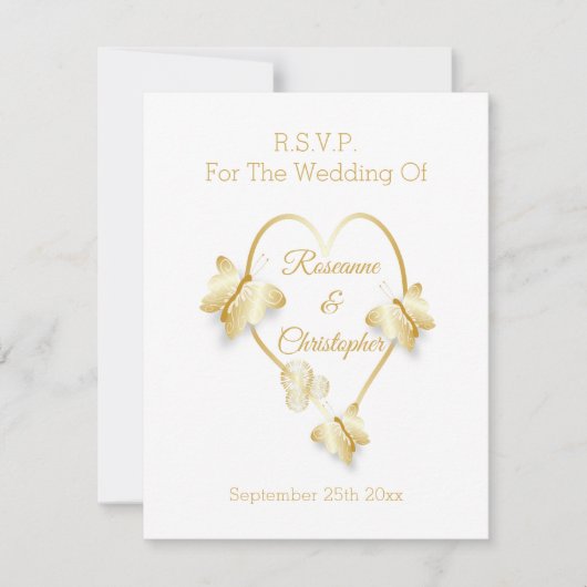 Wedding RSVP Card Gold Coloured Heart Butterfly Karte (Vorderseite)
