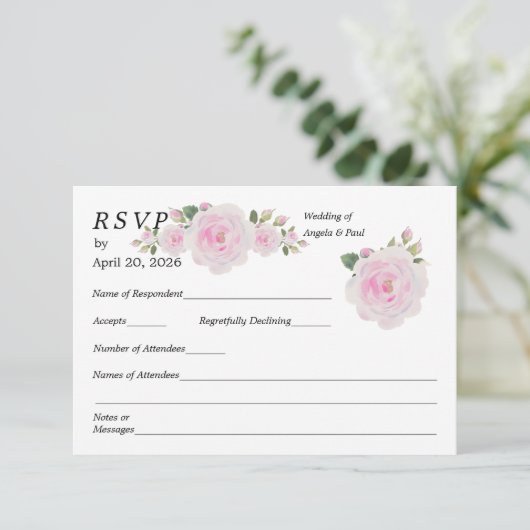 Wedding RSVP Card Soft Pink Roses Karte (Stehend Vorderseite)