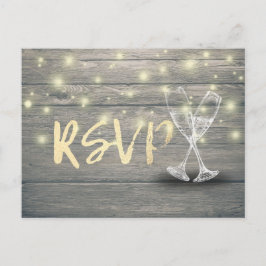 Wedding RSVP Champagne Brillen Wood String Lights Einladungspostkarte