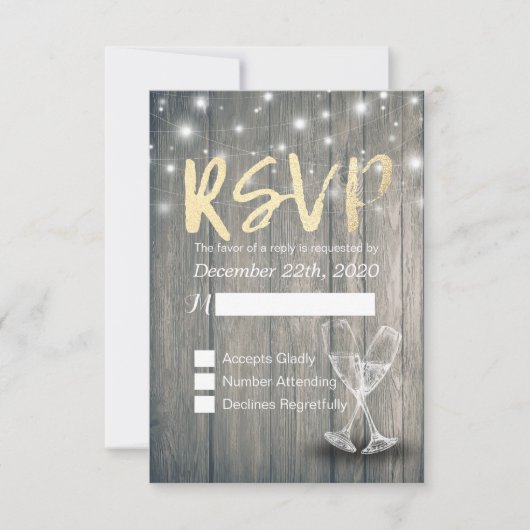 Wedding RSVP Champagne Brillen Wood String Lights Karte (Vorderseite)