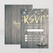 Wedding RSVP Champagne Brillen Wood String Lights Karte (Vorne/Hinten)