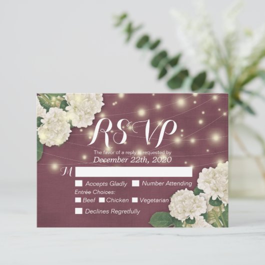 Wedding RSVP Hydrangea String Lights Burgundy Red (Stehend Vorderseite)