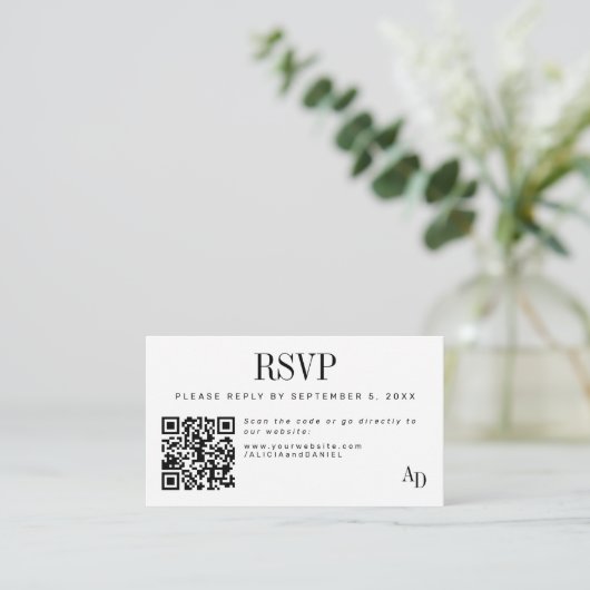 Wedding RSVP insert QR code black white enclosure (Stehend Vorderseite)