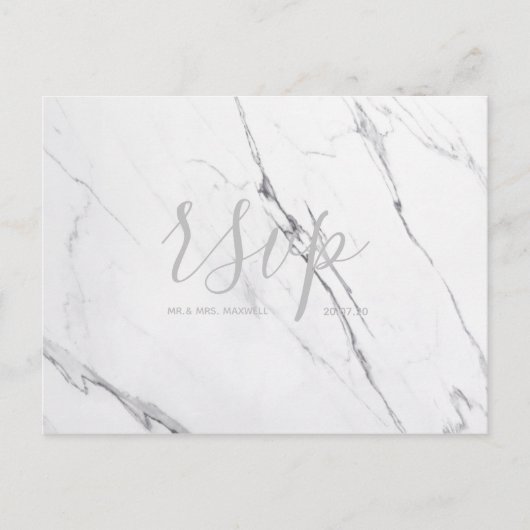 Wedding Rsvp Karte Weiß Silver Gray Marmorskript (Vorderseite)
