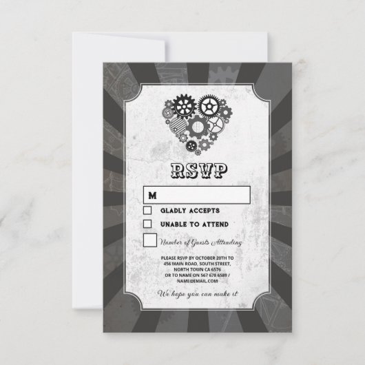 Wedding RSVP Steampunk Wedding Hearts Cogs Retro Einladung (Vorderseite)