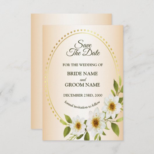 Wedding Rustic Golden Frame White Floral Peach Save The Date (Vorne/Hinten)
