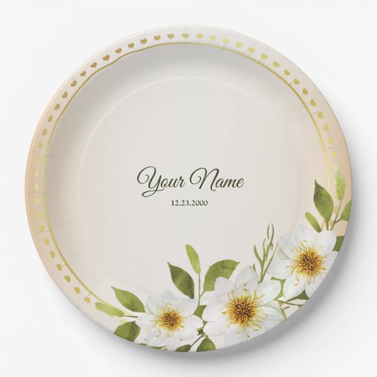 Wedding Rustic Golden Geometric White Floral Peach Pappteller (Vorderseite)