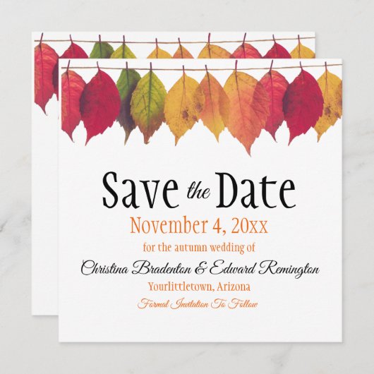 Wedding Save the Date Autumn Leaves on String Ankündigung (Vorne/Hinten)