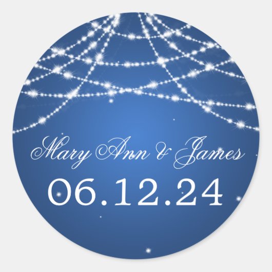 Wedding Save the Date Sparkling String Blue Runder Aufkleber (Vorderseite)