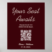Wedding Seating Chart QR Burgundy & Ivory Rustic Poster (Vorne)