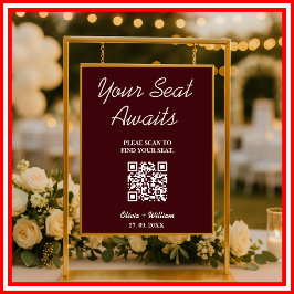 Wedding Seating Chart QR Burgundy & Ivory Rustic Poster
