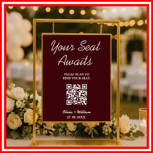 Wedding Seating Chart QR Burgundy & Ivory Rustic Poster