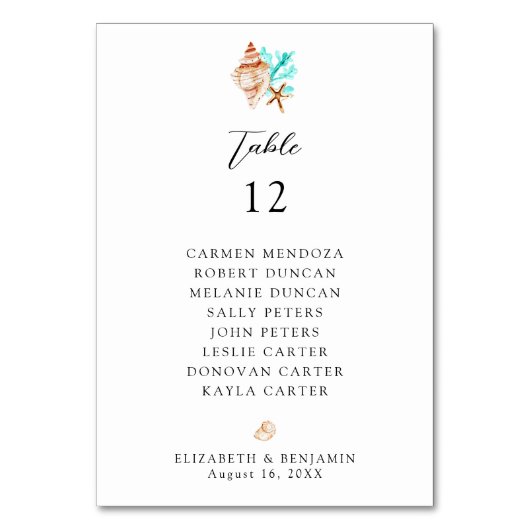 Wedding Seating Chart Table Coastal Beach Tischnummer (Vorderseite)
