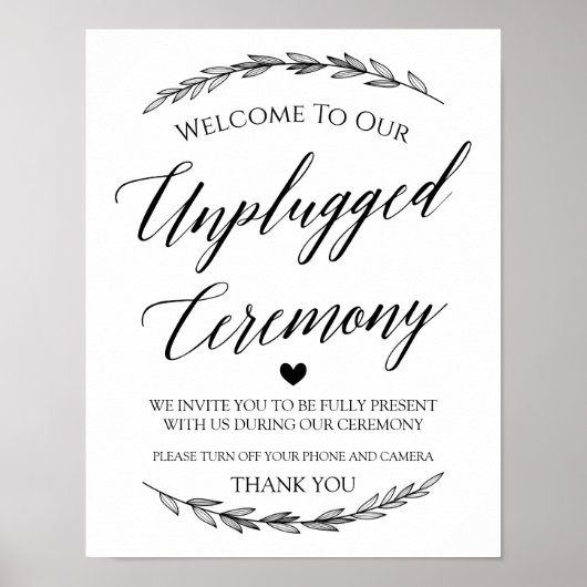 Wedding Sign - Unplugged Zeremonie Laurel Sign Poster (Vorne)