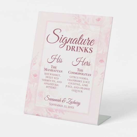 Wedding Signature Drinks Blush Pink Boho Peonies Sockelschild (Vorderseite)