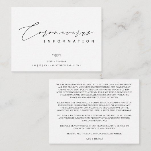 Wedding Simple Minimalist Coronavirus Information Begleitkarte (Vorne/Hinten)