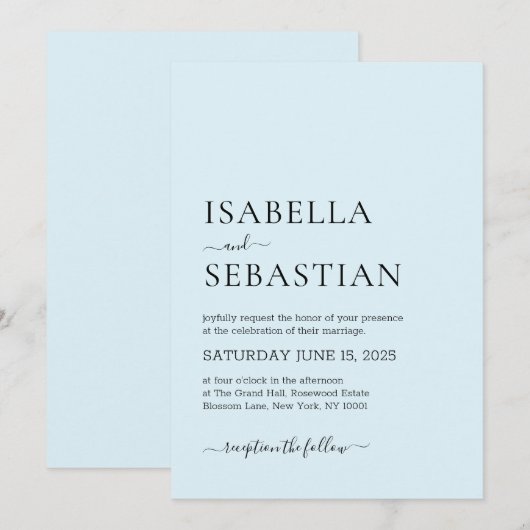 Wedding Simple Modern Light Cyan Einladung (Vorne/Hinten)