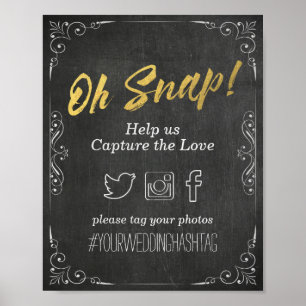 Wedding Snap Hashtag Black Gold Script Chalkboard Poster