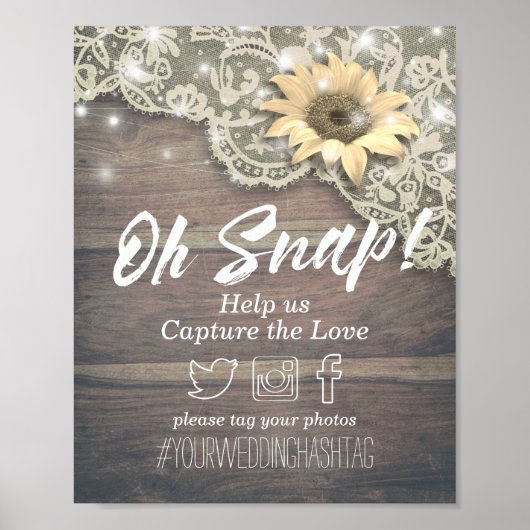 Wedding Snap Hashtag Spitzen Sonnenblumen Holzleuc Poster (Vorne)