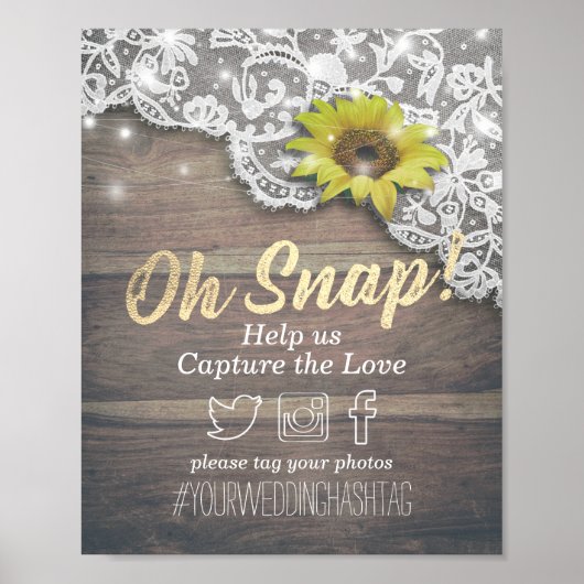 Wedding Snap Hashtag Spitzen Sonnenblumen Holzleuc Poster (Vorne)