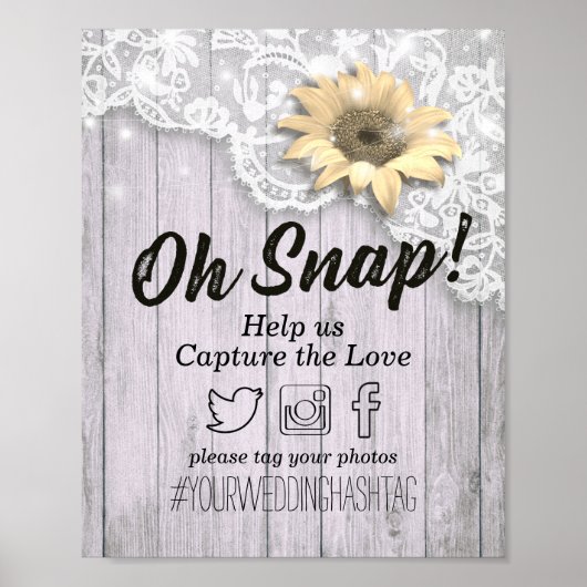 Wedding Snap Hashtag Spitzen Sonnenblumen Holzleuc Poster (Vorne)