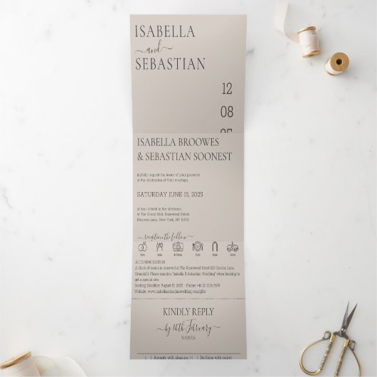 Wedding Soft Beige All in one set Dreifach Gefaltete Einladung (Innenseite)