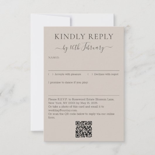Wedding Soft Beige Signature QR Code Kindly Reply RSVP Karte (Vorderseite)