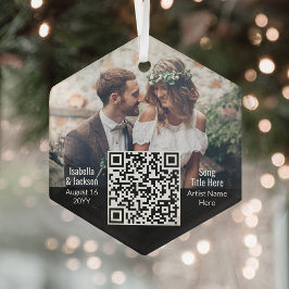 Wedding Song QR Code & Foto Newlyweds Hexagon Ornament Aus Glas