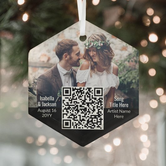 Wedding Song QR Code & Foto Newlyweds Hexagon Ornament Aus Glas