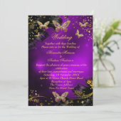 Wedding Sparkle lila Gold Black Butterfly Einladung (Stehend Vorderseite)