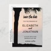 Wedding Sunset w/Palm Tree Silhouette Beach Szene Ankündigungspostkarte (Vorne/Hinten)