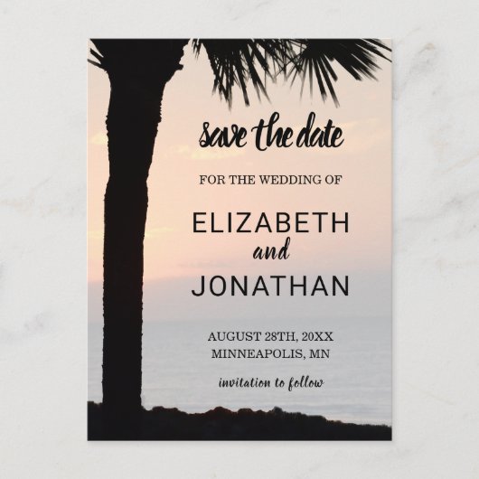 Wedding Sunset w/Palm Tree Silhouette Beach Szene Ankündigungspostkarte (Vorderseite)