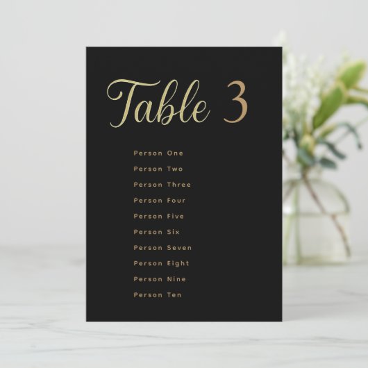 Wedding Table Seating Chart Cards | Gold on Black Einladung (Stehend Vorderseite)