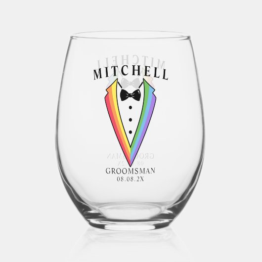 Wedding Tuxedo Personalisierter Trauzeuge Stemless Weinglas Ohne Stiel (Vorderseite)