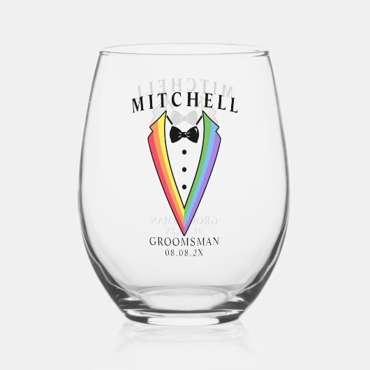 Wedding Tuxedo Personalisierter Trauzeuge Stemless Weinglas Ohne Stiel (Rückseite)