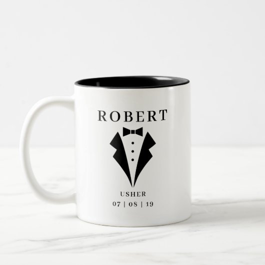 Wedding USHER Tuxedo Personalisierter Name Zweifarbige Tasse (Links)