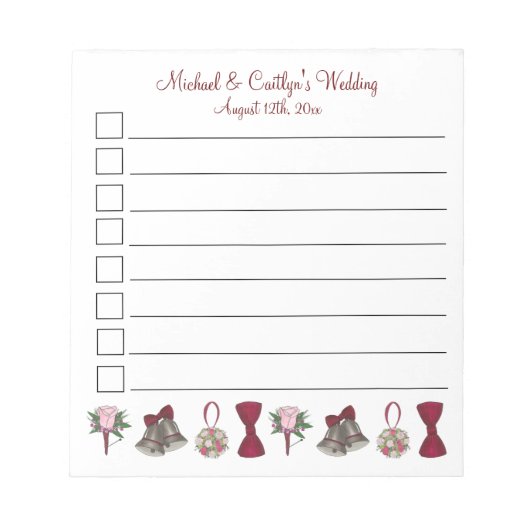 Wedding Verlobung Brautparty Bouquet Bells Bow Notizblock (Vorderseite)