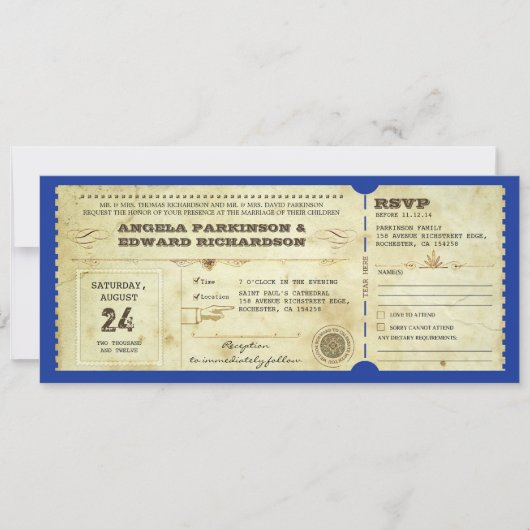 wedding vintage ticket invitation with rsvp design einladung (Vorderseite)