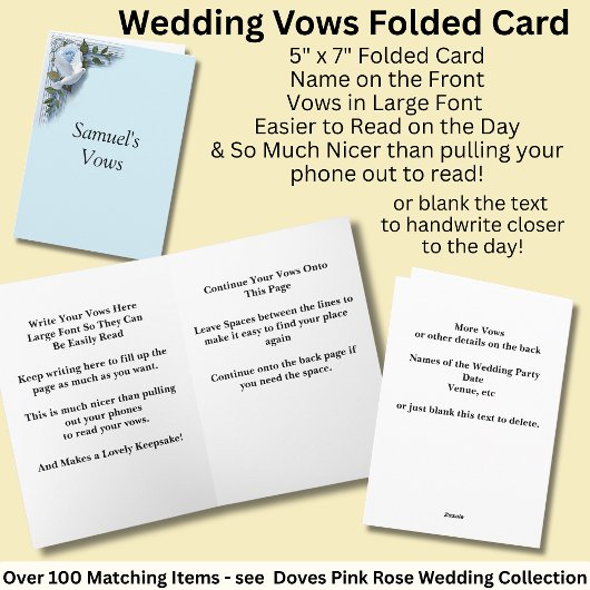 Wedding Vows Folded Card Blue Roses & Doves Karte