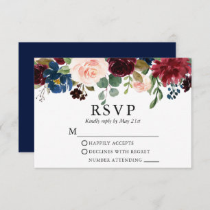 Wedding Watercolor Blue Burgundy Pink Floral RSVP Karte