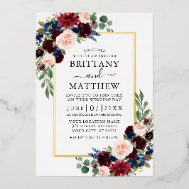 Wedding Watercolor Burgundy Blue Floral Gold Folieneinladung
