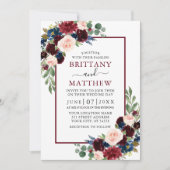 Wedding Watercolor Burgundy Blue Mixed Floral Einladung (Vorderseite)