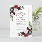 Wedding Watercolor Burgundy Blue Mixed Floral Einladung (Stehend Vorderseite)