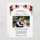 Wedding Watercolor Burgundy Blumenpaare Foto Einladung (Vorne/Hinten)